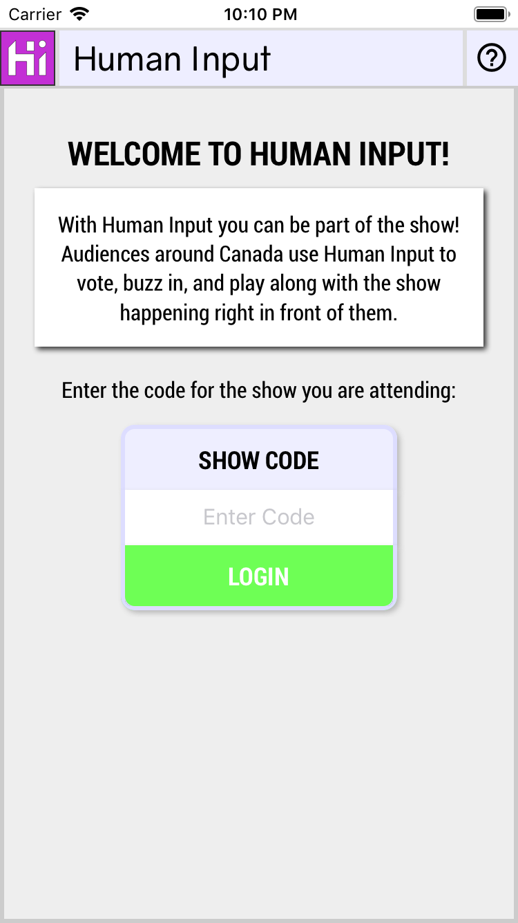 Human Input mobile app login screen showing show code entry
