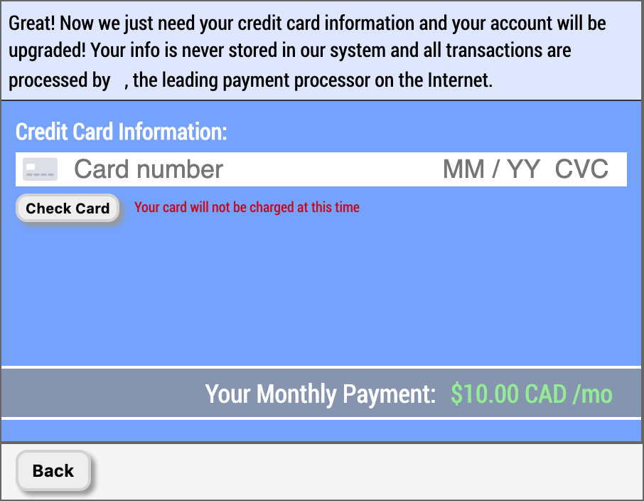 Human Input upgrade account credit card entry