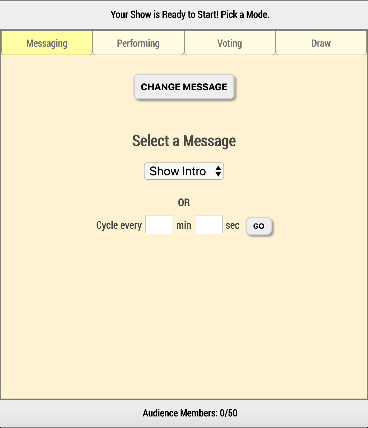 Human Input show runner interface overview – first screen with status bar and footer