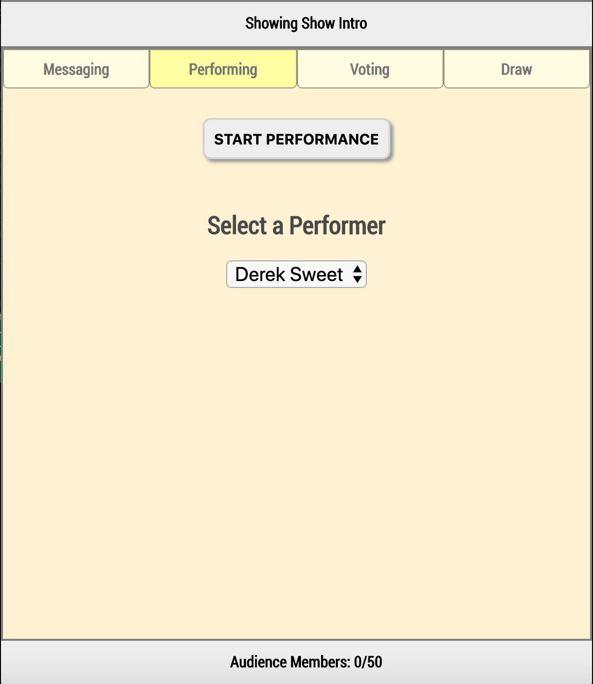 Human Input run show – start performance screen with performer dropdown
