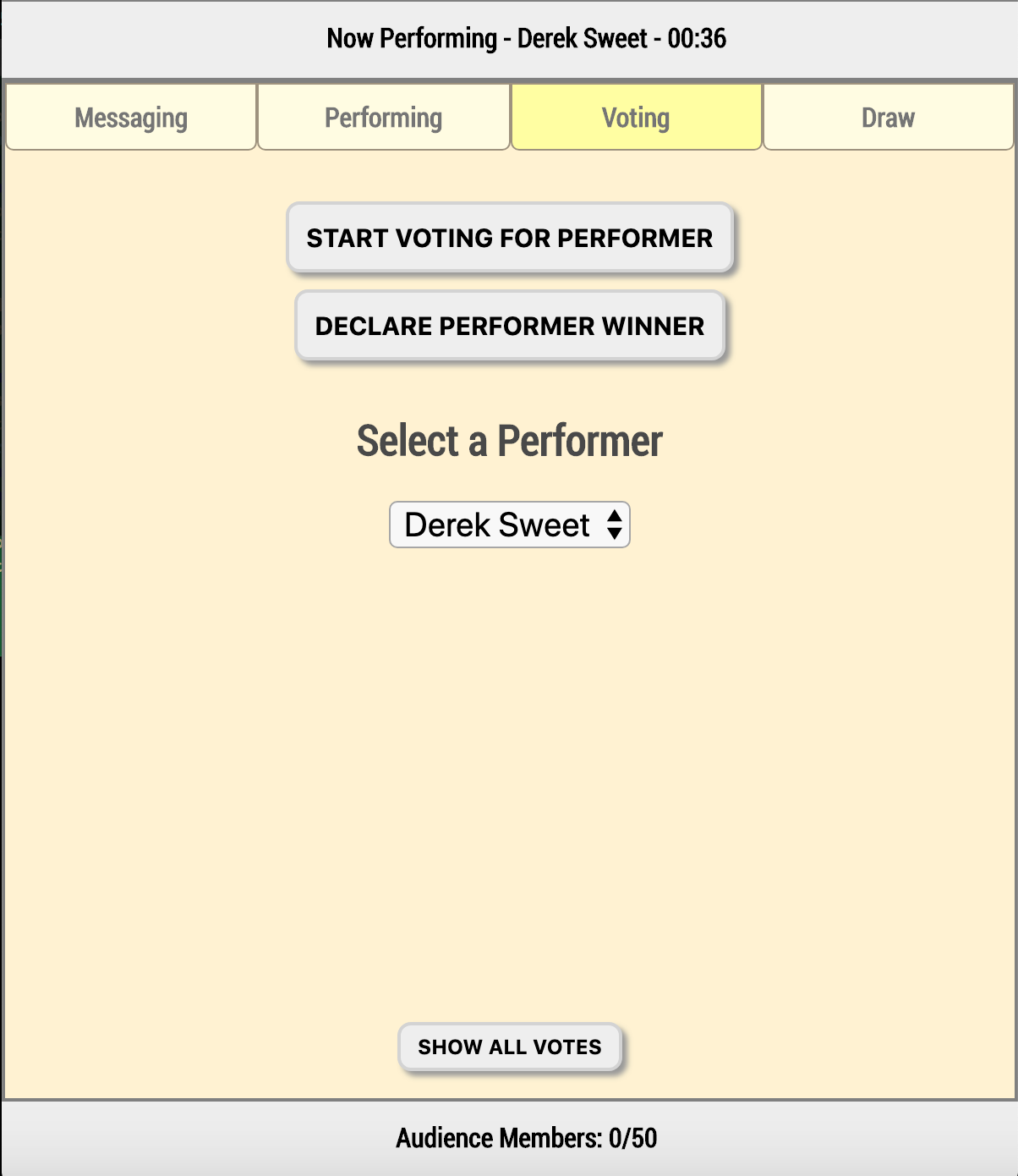 Human Input voting tab – selecting a performer to vote on