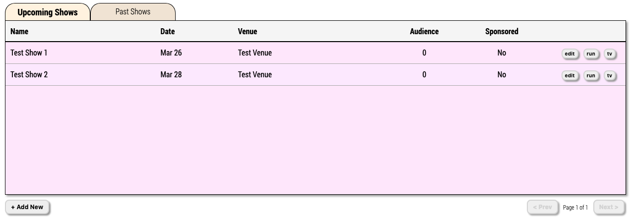 Human Input show list with upcoming and past shows